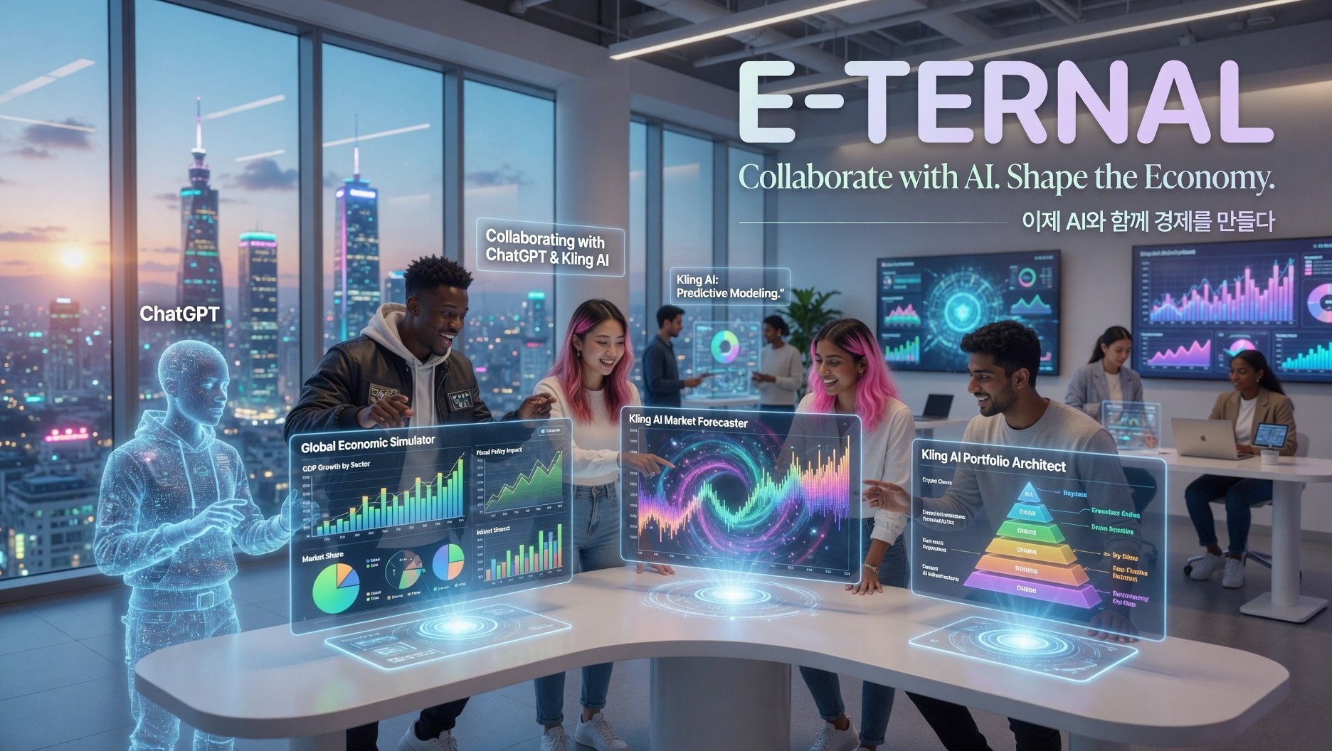 Collaborative AI economy classroom with holographic market dashboards