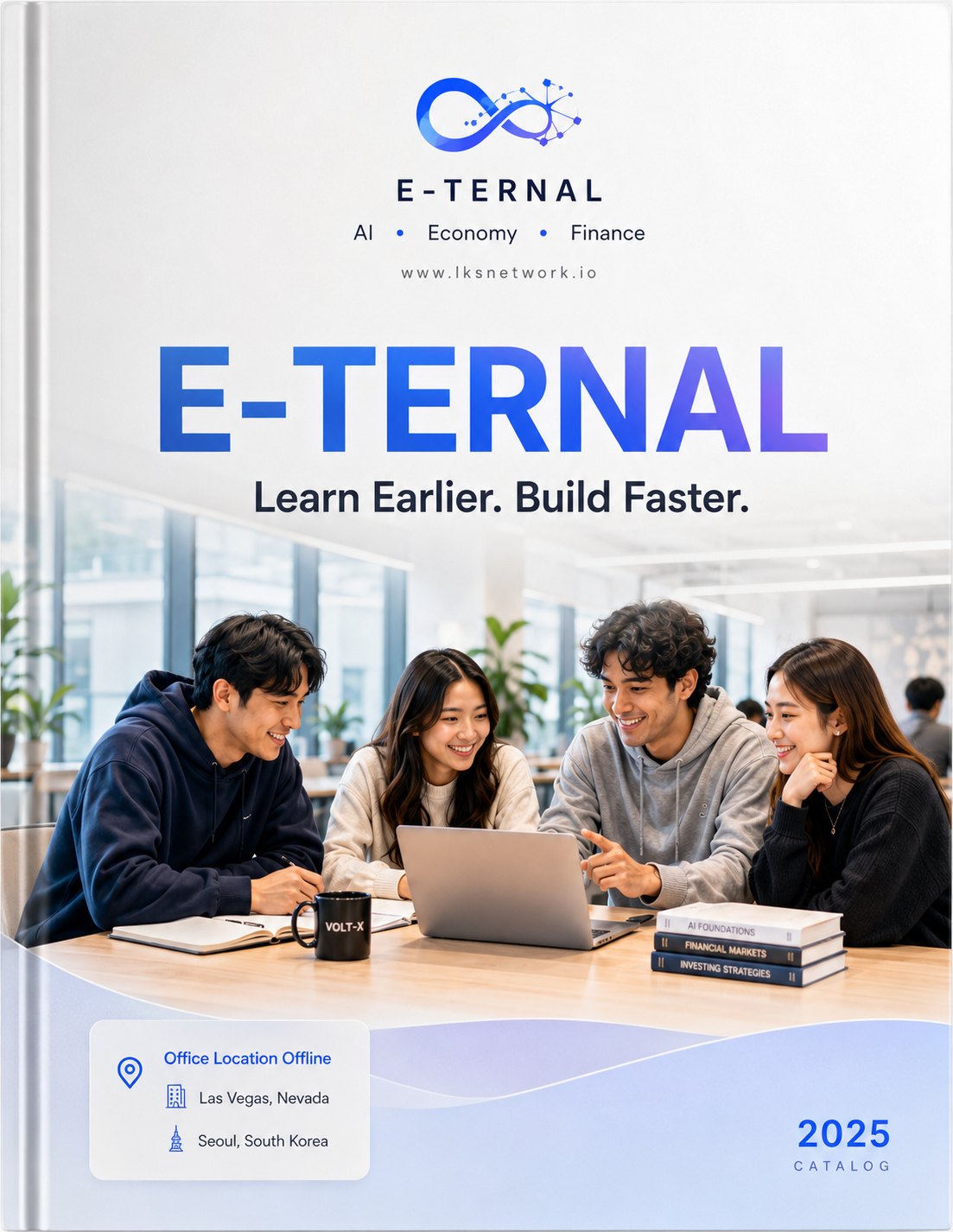 E-Ternal 2025 catalog cover with students, Las Vegas and Seoul locations