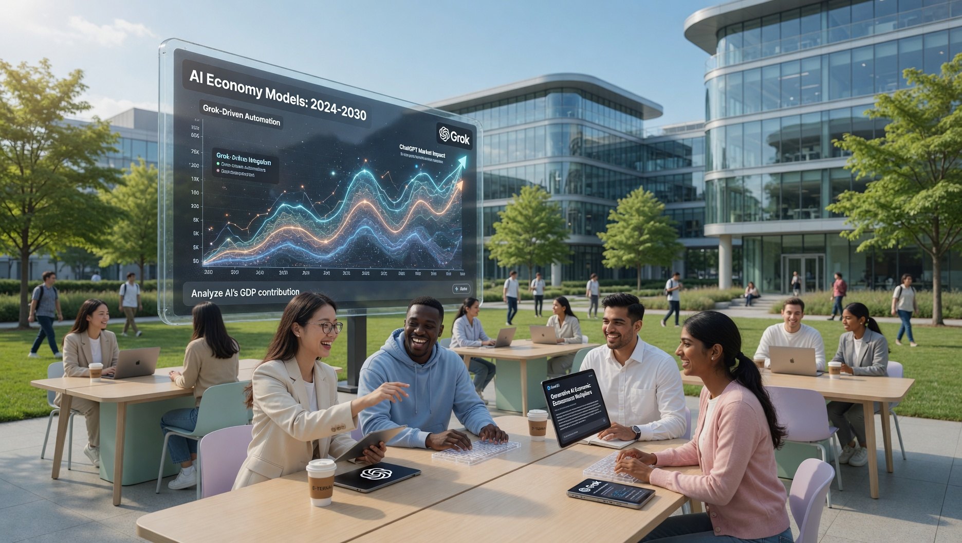 Students learning AI economy models on a global campus