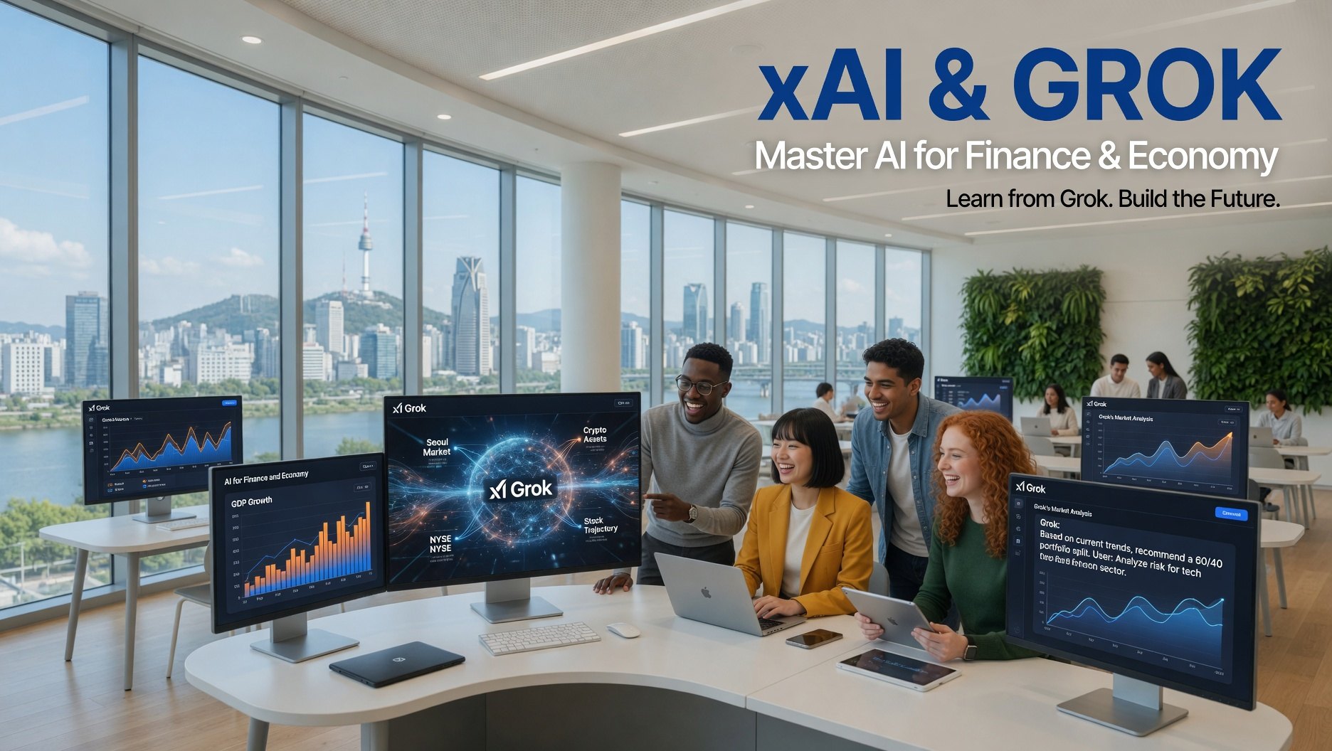 Students in a Seoul learning lab using AI and market dashboards